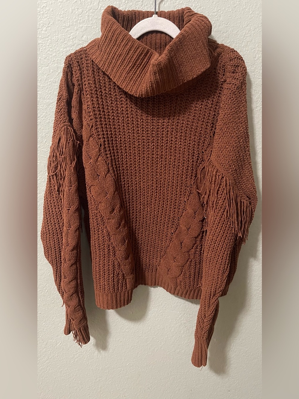 Cozy Fringe Cable Turtleneck Sweater in Rust